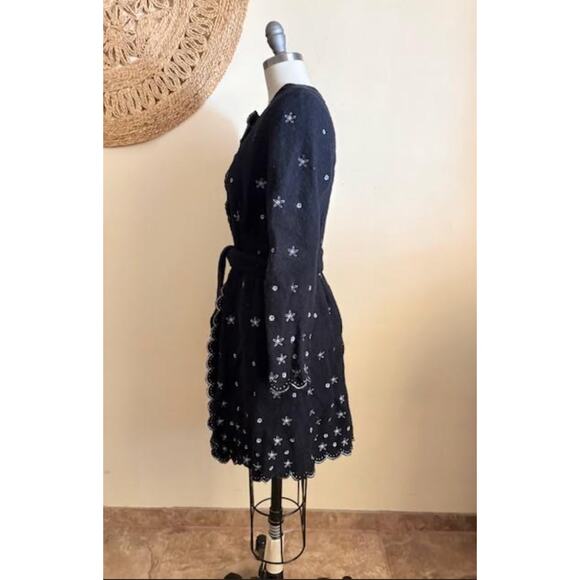 Sigrid Olsen Embroidered Wool Women's Coat Black Scalloped Trim Belted S/M - Picture 4 of 8